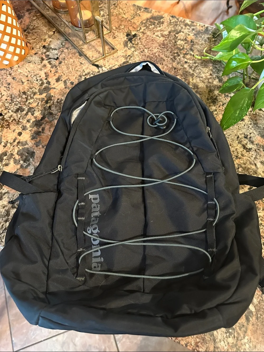 Patagonia Black Backpack with Gray Bungee Cord